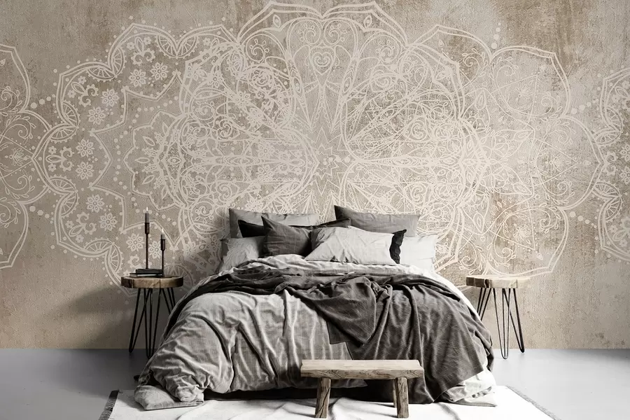 Wall Mural Photo Wallpaper A detailed, intricate white lace mandala pattern on a textured loft beige-brown wall background w08387v1