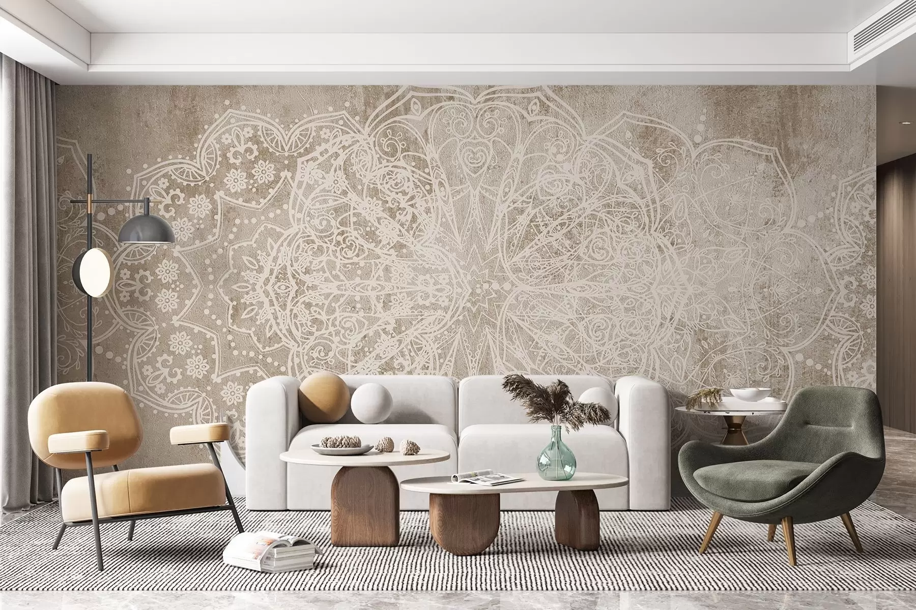 Wall Mural Photo Wallpaper A detailed, intricate white lace mandala pattern on a textured loft beige-brown wall background w08387v1