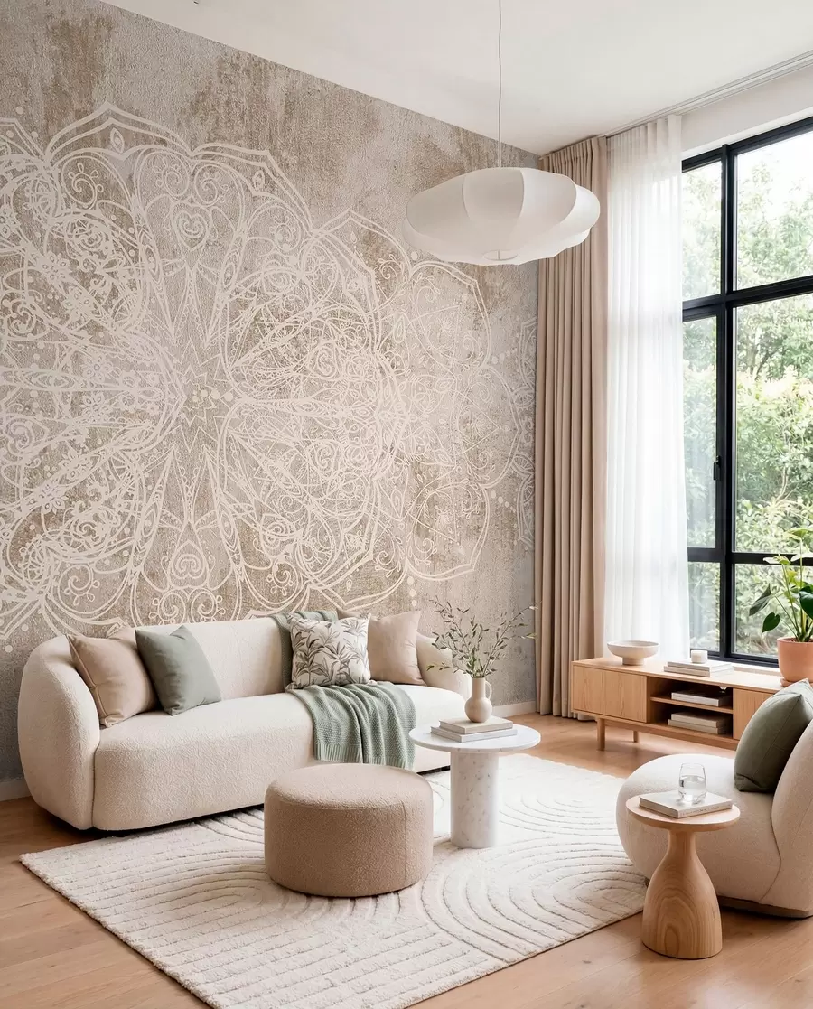Wall Mural Photo Wallpaper A detailed, intricate white lace mandala pattern on a textured loft beige-brown wall background w08387v1