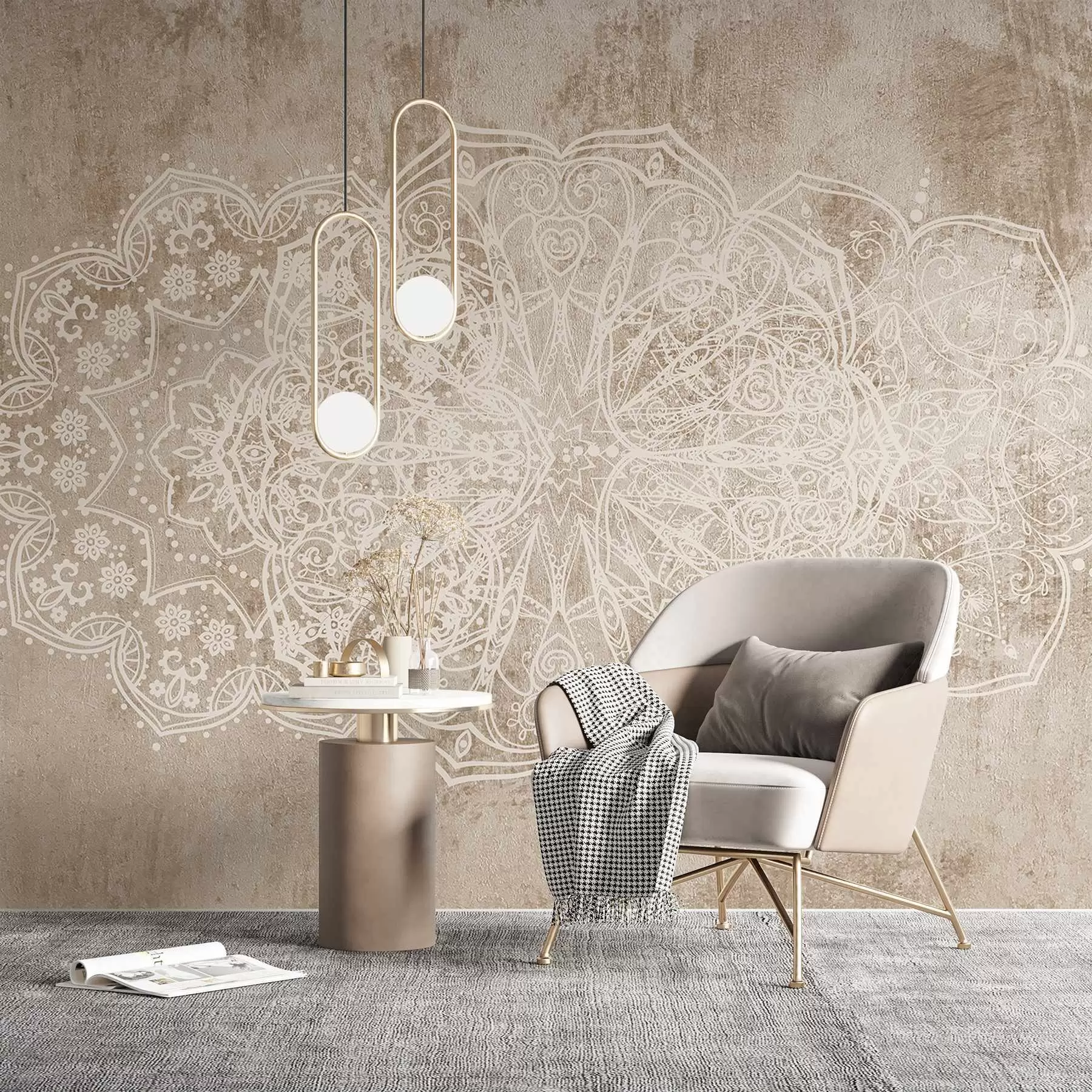 Wall Mural Photo Wallpaper A detailed, intricate white lace mandala pattern on a textured loft beige-brown wall background w08387v1
