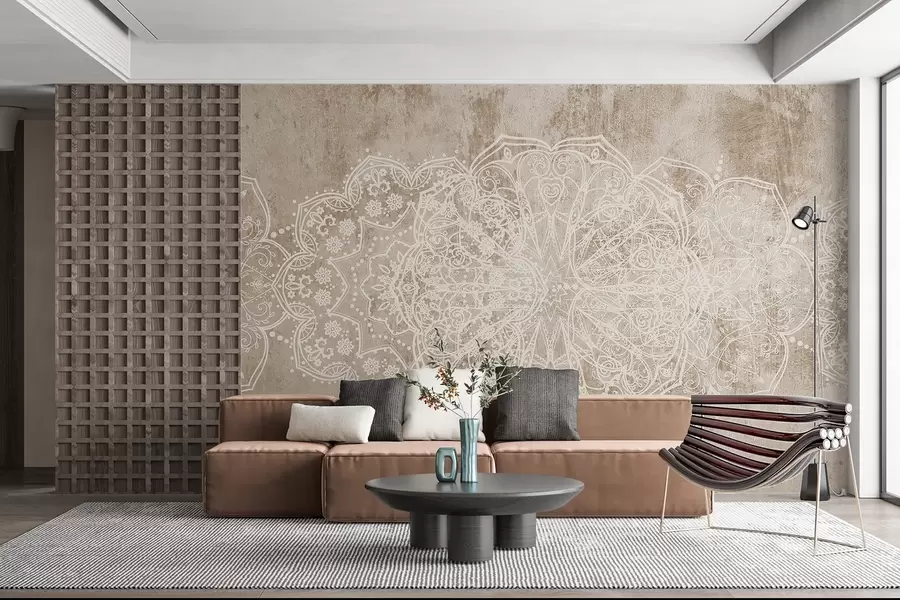 Wall Mural Photo Wallpaper A detailed, intricate white lace mandala pattern on a textured loft beige-brown wall background w08387v1
