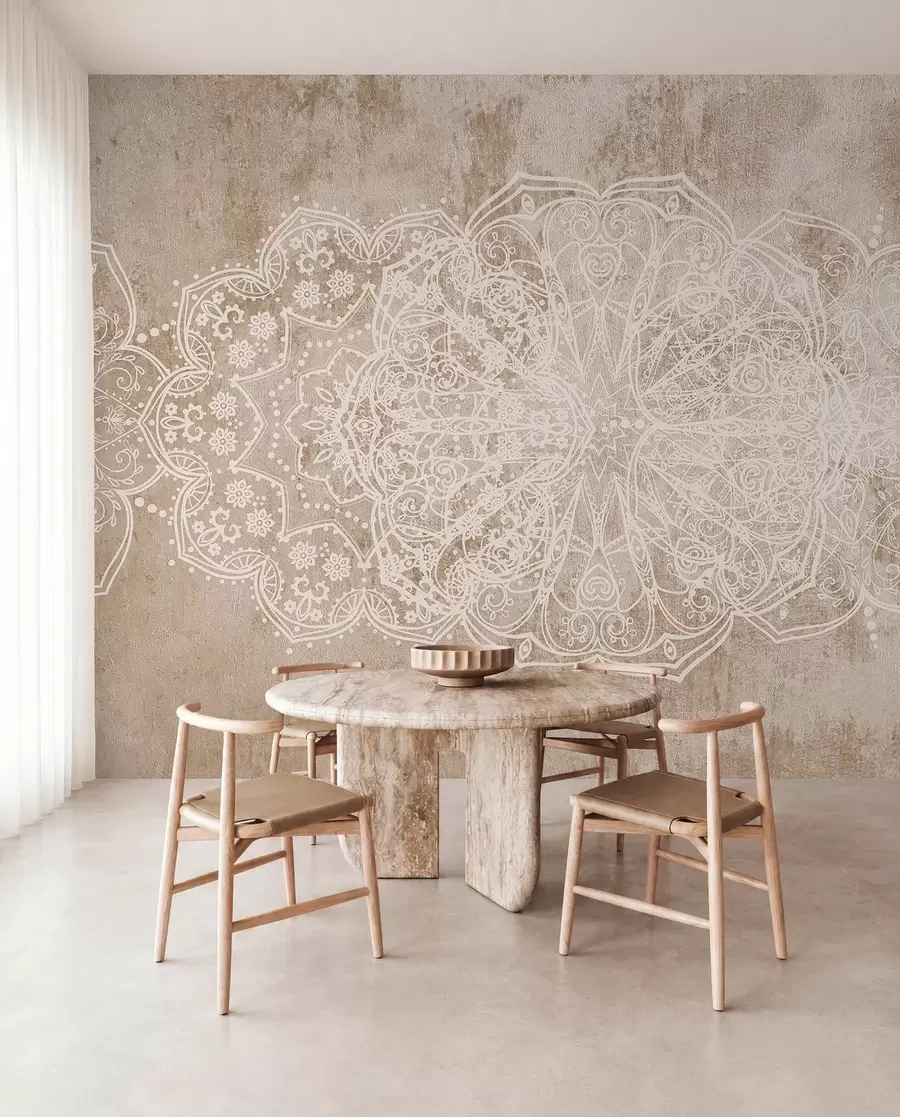 wall murals A detailed, intricate white lace mandala pattern on a textured loft beige-brown wall background w08387v1