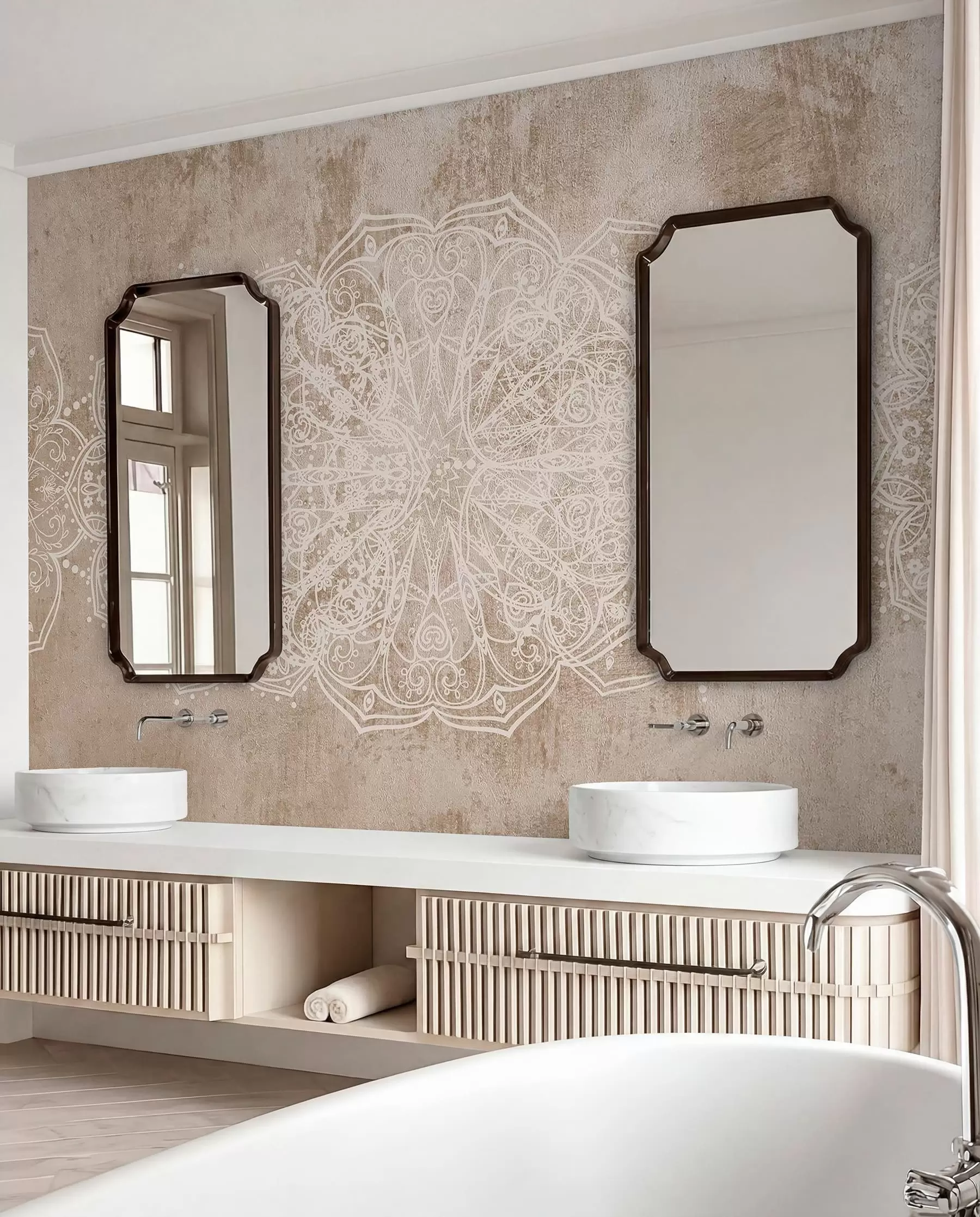 peintures murales Un motif de mandala en dentelle blanche, détaillé et complexe, sur un fond mural beige-brun texturé w08387v1