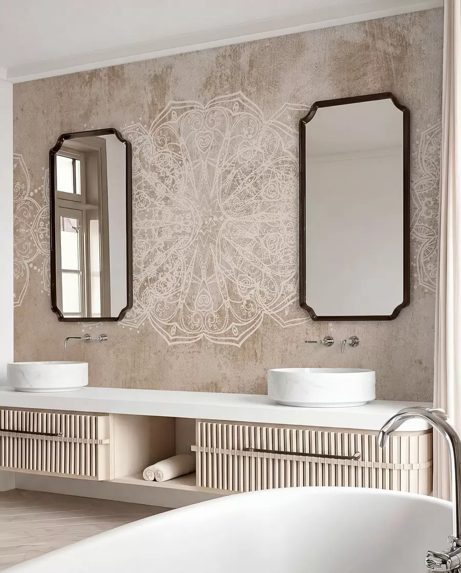 wall murals A detailed, intricate white lace mandala pattern on a textured loft beige-brown wall background w08387v1