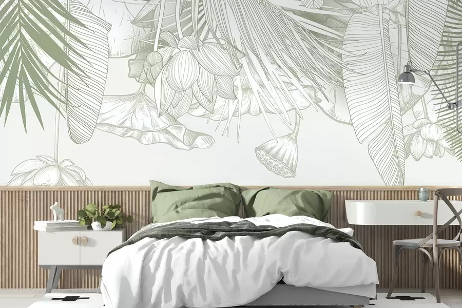 murales Un primer plano de un estampado floral verde con grandes pétalos y hojas superpuestas en un color monocromo w08389v1