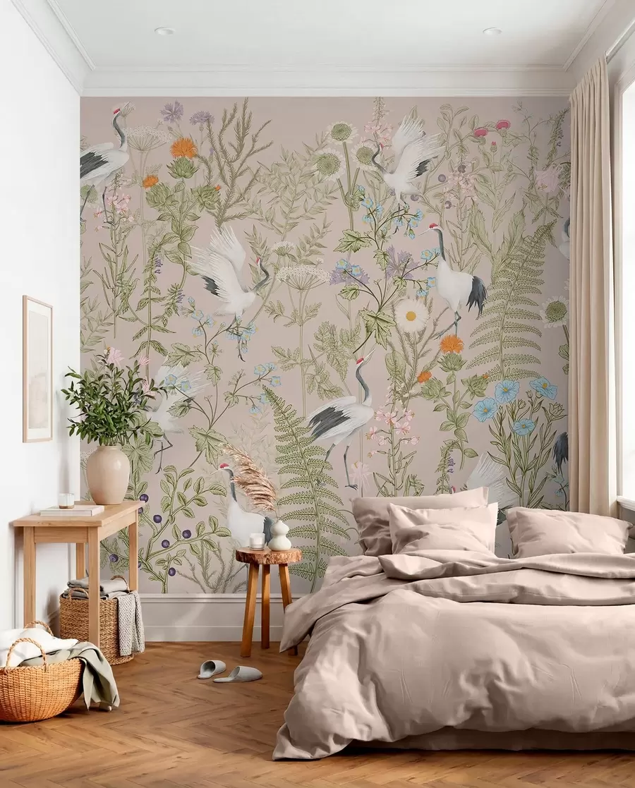 Wall Mural Photo Wallpaper Elegant cranes among vibrant blooms w00380