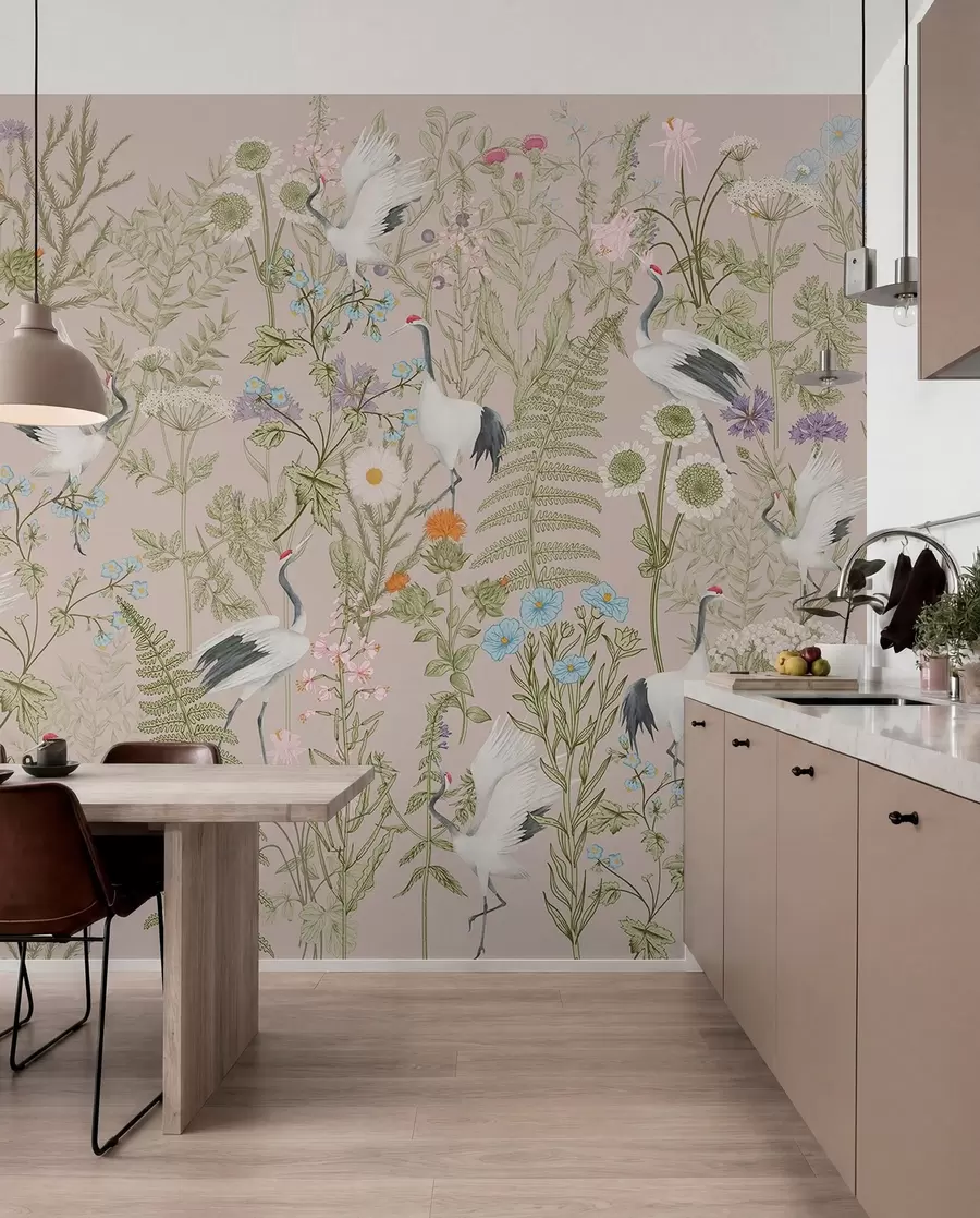wall murals Elegant cranes among vibrant blooms w00380
