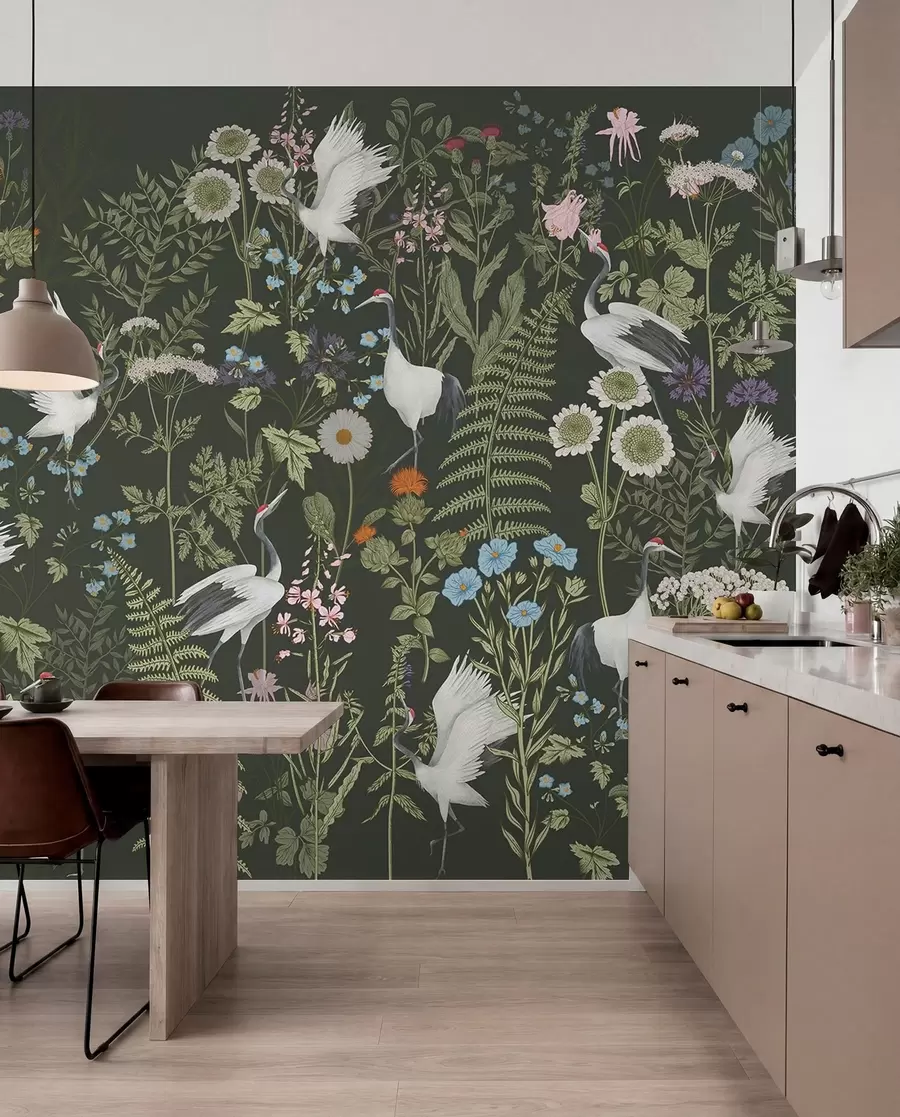 peintures murales Grues dansant parmi des fleurs éclatantes w00380v2