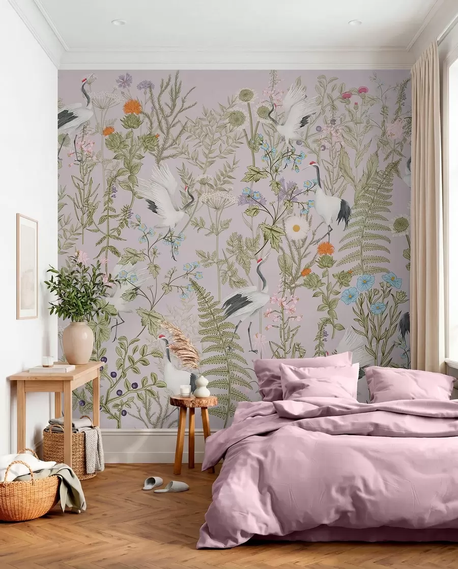 peintures murales Des grues élégantes au milieu de fleurs éclatantes w00380v3