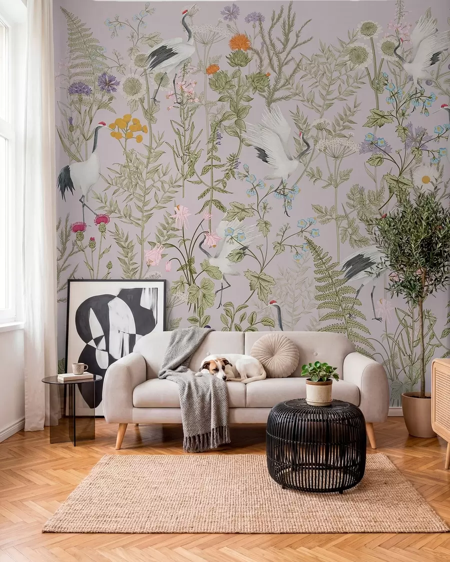 Wall Mural Photo Wallpaper Elegant cranes amidst vibrant blooms w00380v3