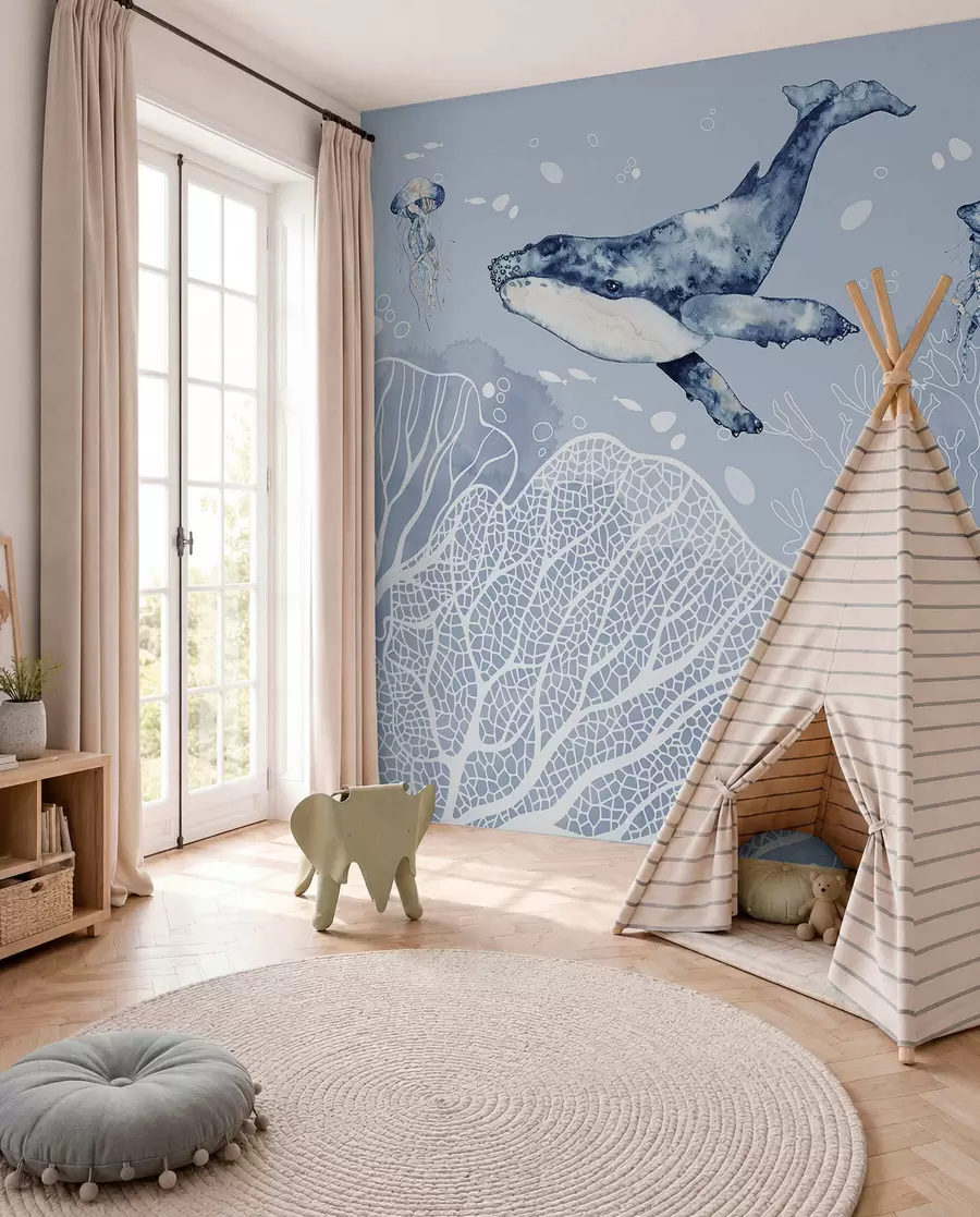 peintures murales Baleine sur corail blanc w00848