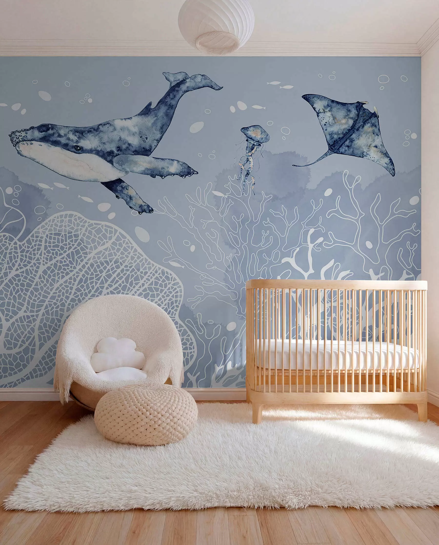 peintures murales Baleine sur corail blanc w00848