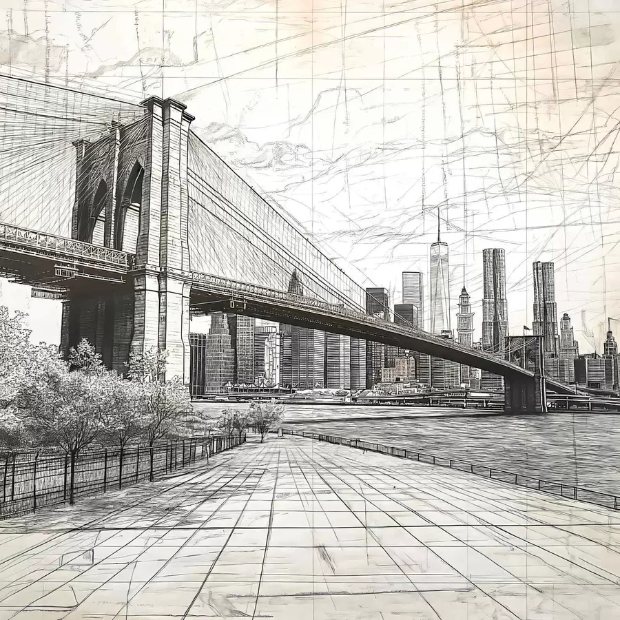 wall murals Panorama of the Brooklyn Bridge made in a sketchy retro technique with lines and scratches w01961