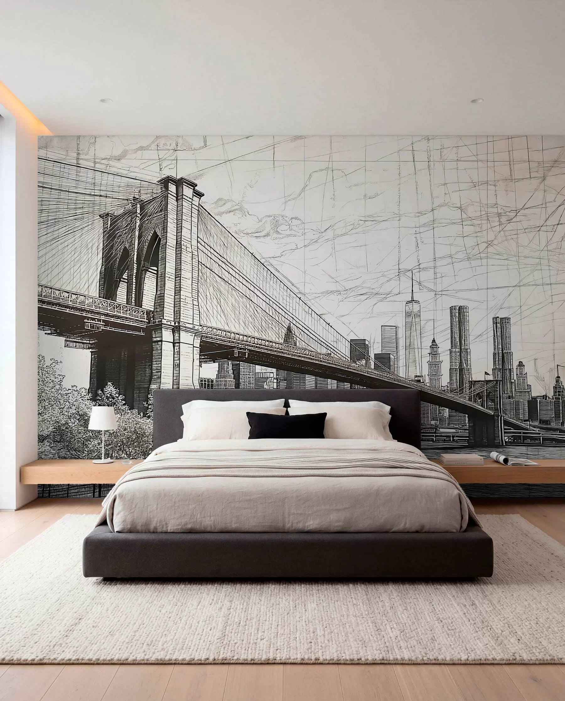 peintures murales Panorama du pont de Brooklyn réalisé avec une technique de croquis rétro avec des lignes et des rayures w01961