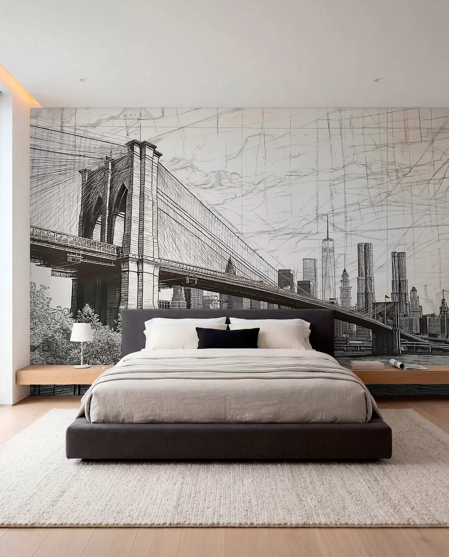 wall murals Panorama of the Brooklyn Bridge made in a sketchy retro technique with lines and scratches w01961