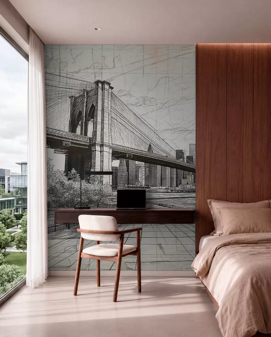 wall murals Panorama of the Brooklyn Bridge made in a sketchy retro technique with lines and scratches w01961
