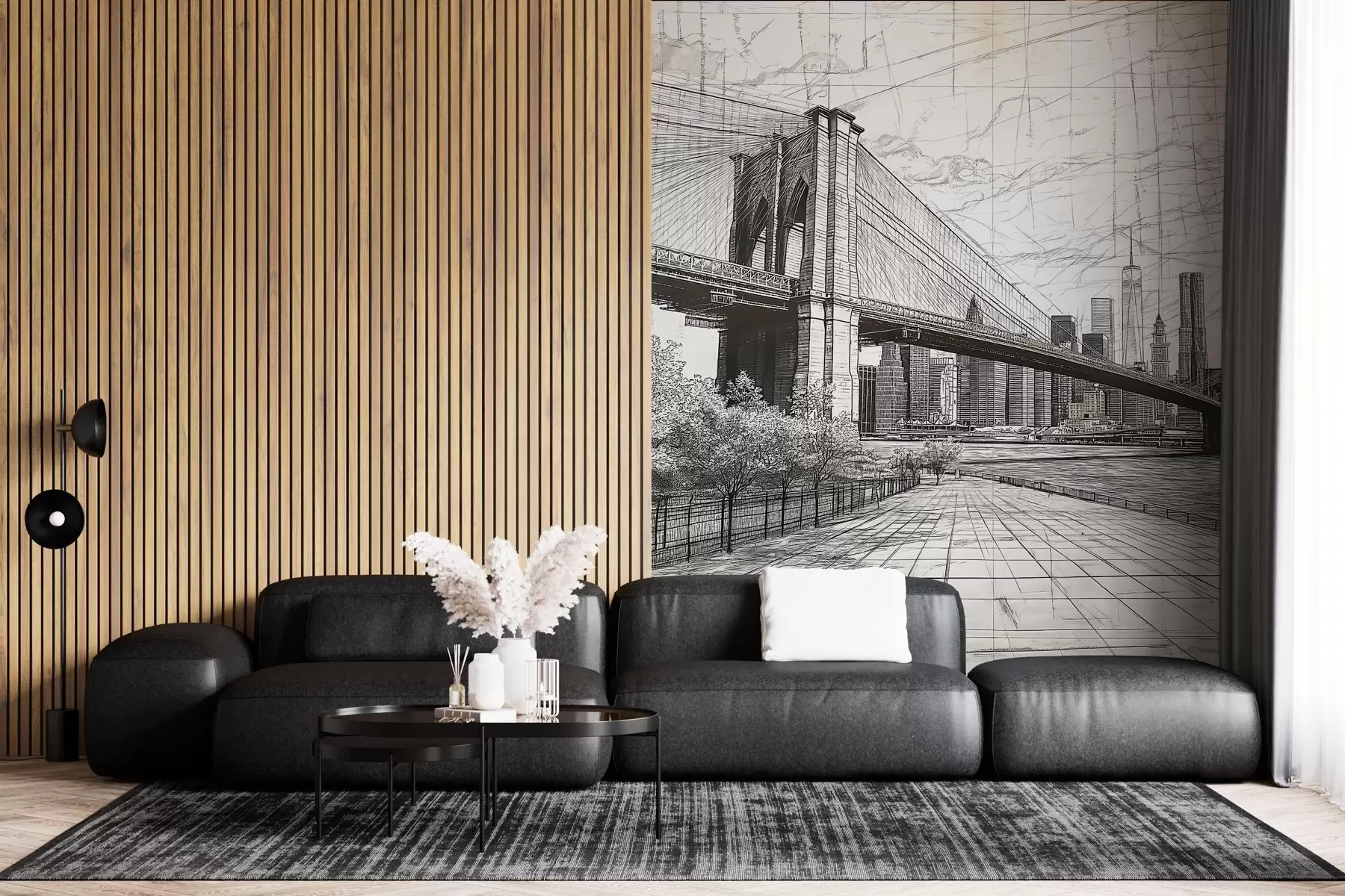 Wall Mural Photo Wallpaper Panorama of the Brooklyn Bridge made in a sketchy retro technique with lines and scratches w01961