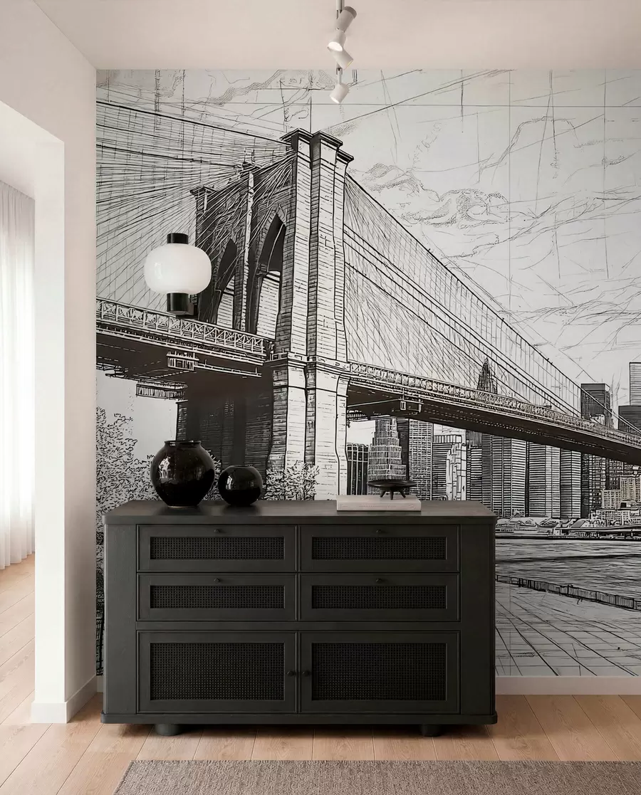 peintures murales Panorama du pont de Brooklyn réalisé avec une technique de croquis rétro avec des lignes et des rayures w01961