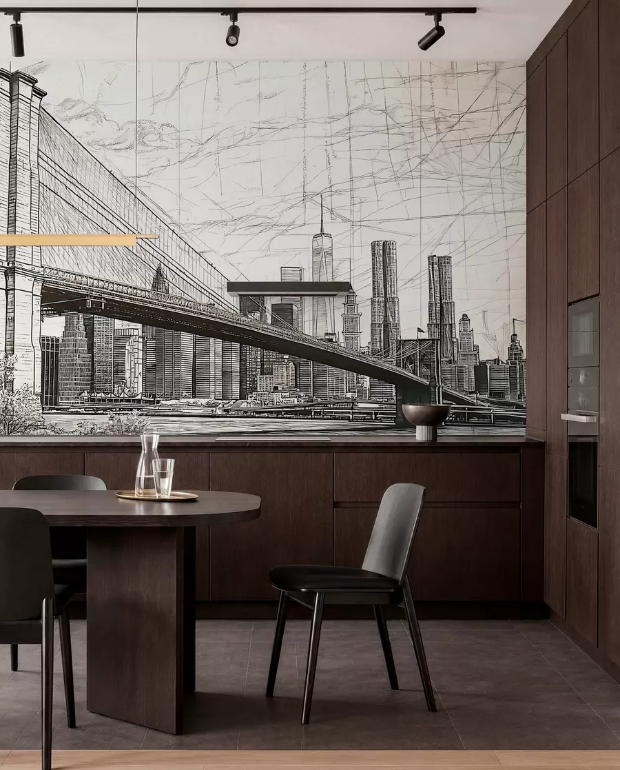 peintures murales Panorama du pont de Brooklyn réalisé avec une technique de croquis rétro avec des lignes et des rayures w01961