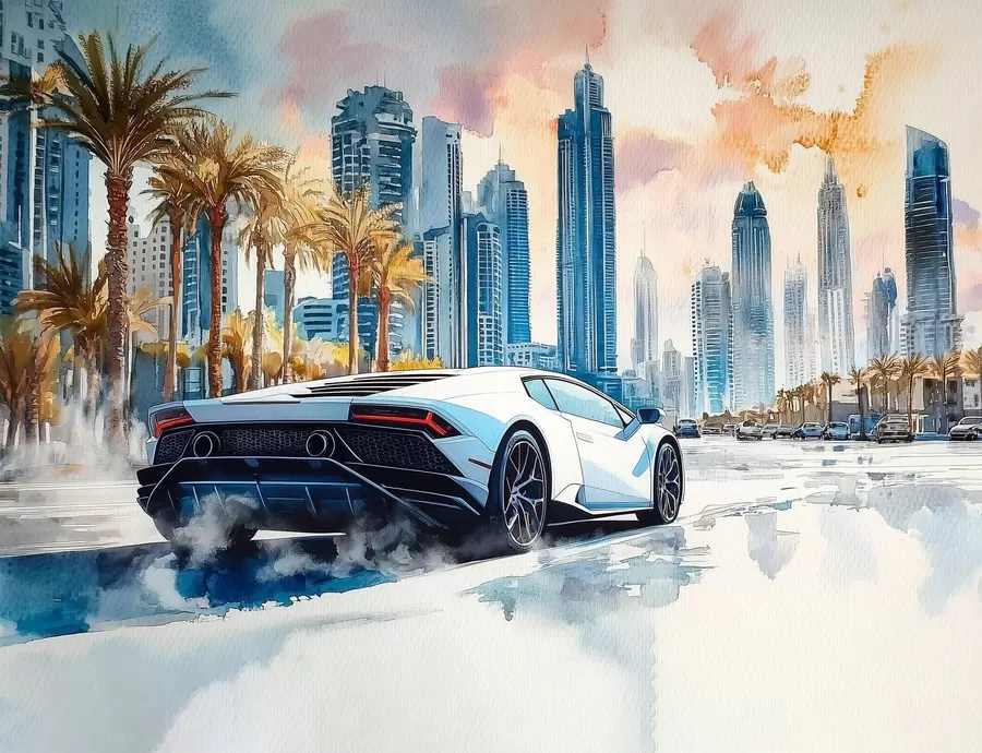 wall murals A white modern sport car racing against the background of palm trees and skyscrapers in free watercolor technique w01963