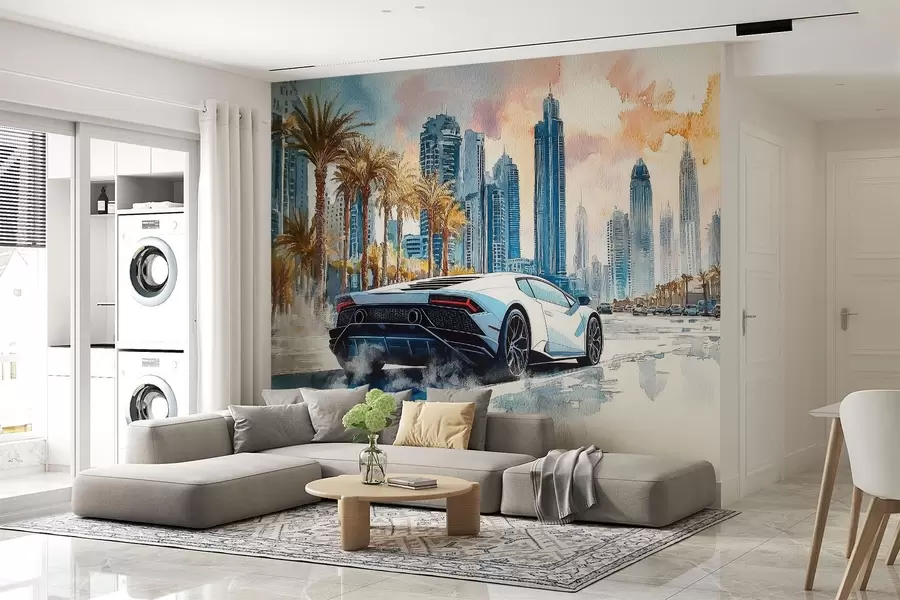 Wall Mural Photo Wallpaper A white modern sport car racing against the background of palm trees and skyscrapers in free watercolor technique w01963