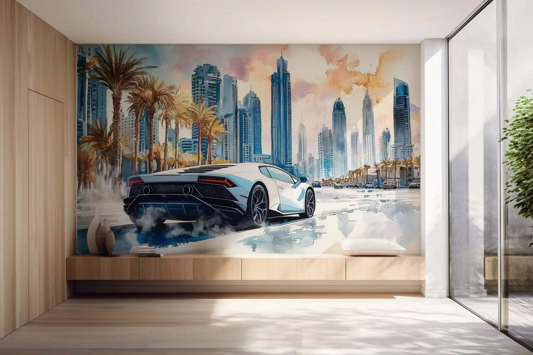 murales Un moderno coche deportivo blanco corriendo sobre un fondo de palmeras y rascacielos en técnica de acuarela libre w01963