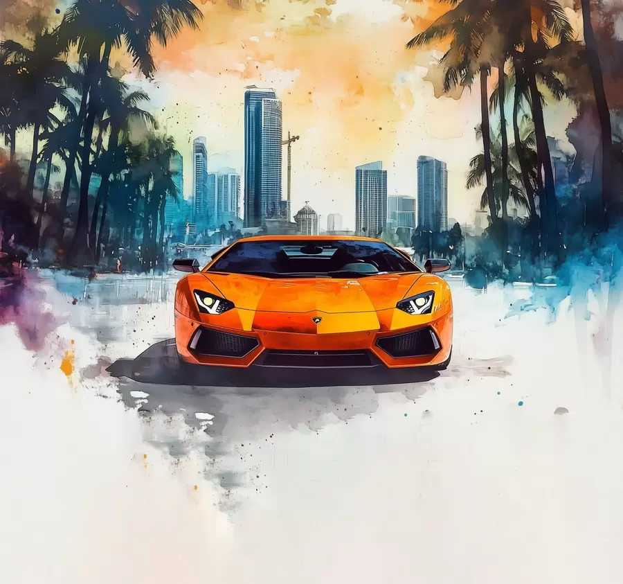 wall murals Bright modern sports car on the background of palm trees and skyscrapers in watercolor technique a la prima w01964