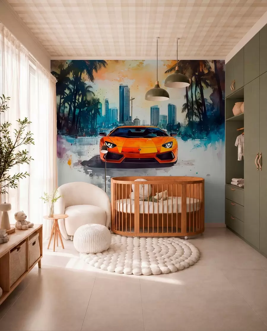 Wall Mural Photo Wallpaper Bright modern sports car on the background of palm trees and skyscrapers in watercolor technique a la prima w01964