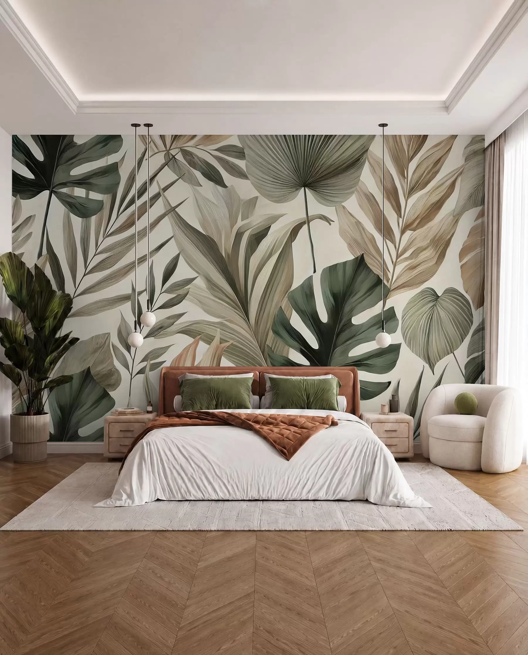wall murals Large tropical leaves in restrained delicate pastel shades w02082