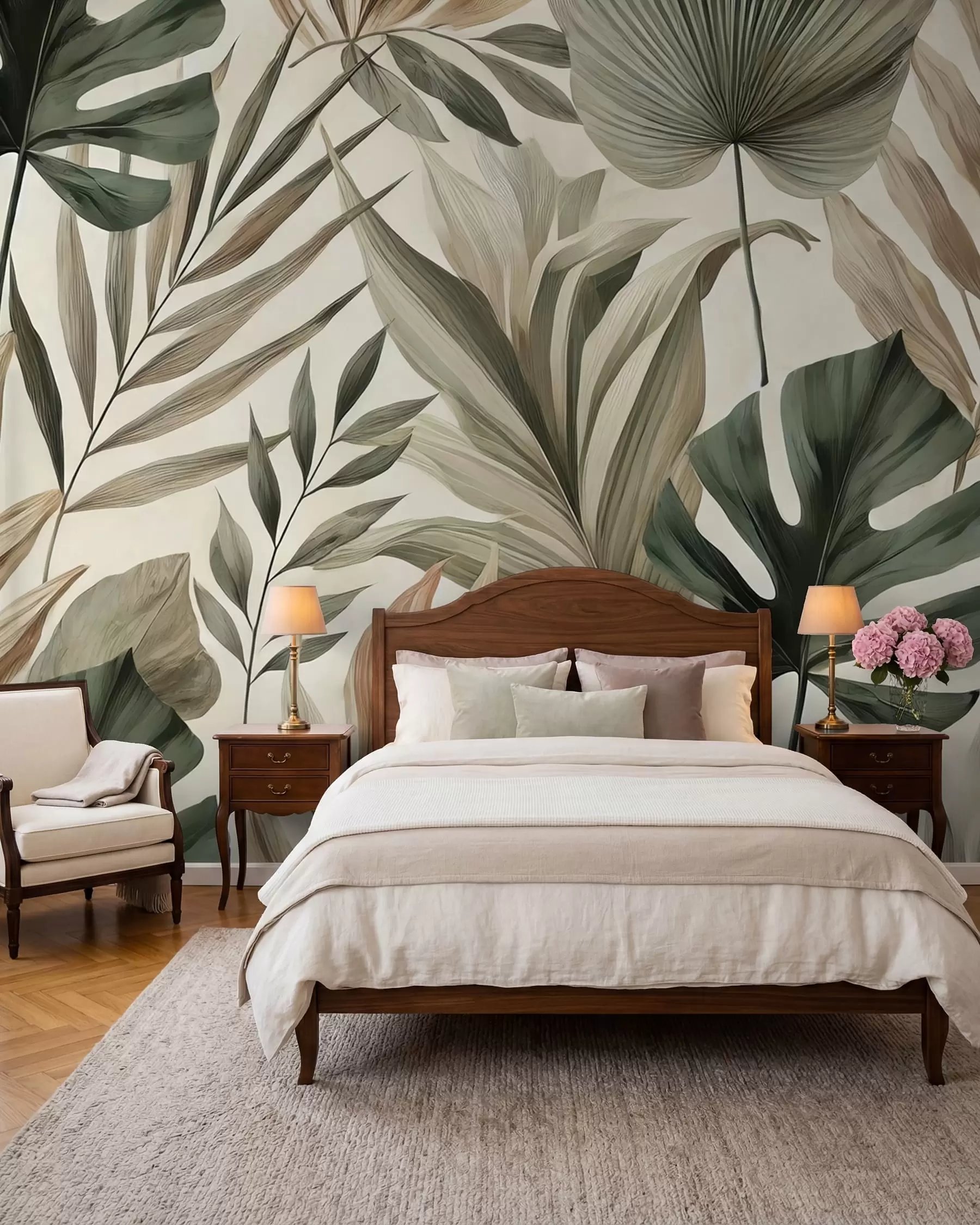 peintures murales Grandes feuilles tropicales dans des tons pastel délicats et sobres w02082