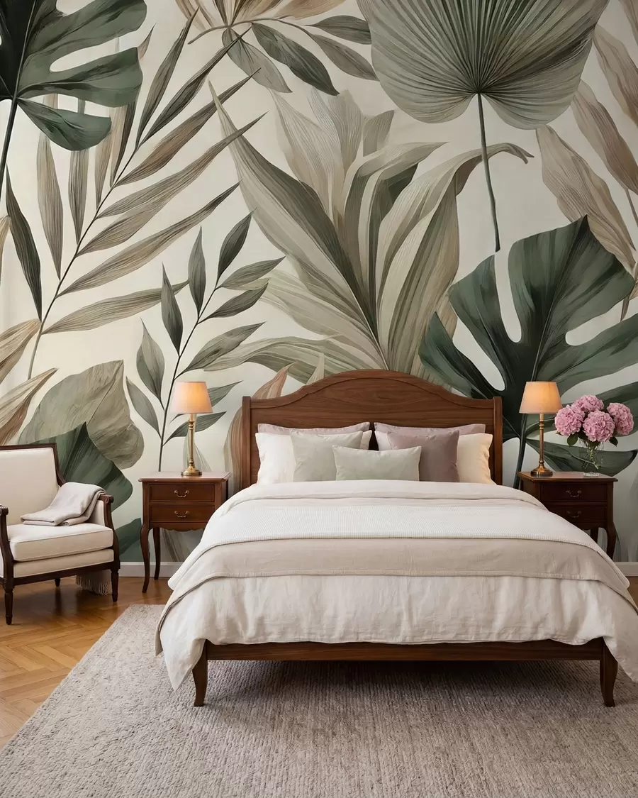 peintures murales Grandes feuilles tropicales dans des tons pastel délicats et sobres w02082