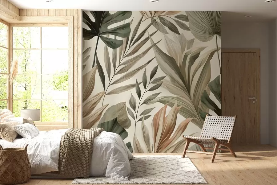 Wall Mural Photo Wallpaper Large tropical leaves in restrained delicate pastel shades w02082