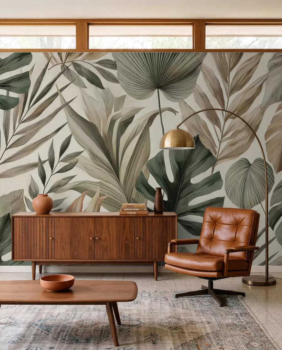 Wall Mural Photo Wallpaper Large tropical leaves in restrained delicate pastel shades w02082