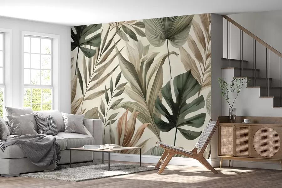 Wall Mural Photo Wallpaper Large tropical leaves in restrained delicate pastel shades w02082