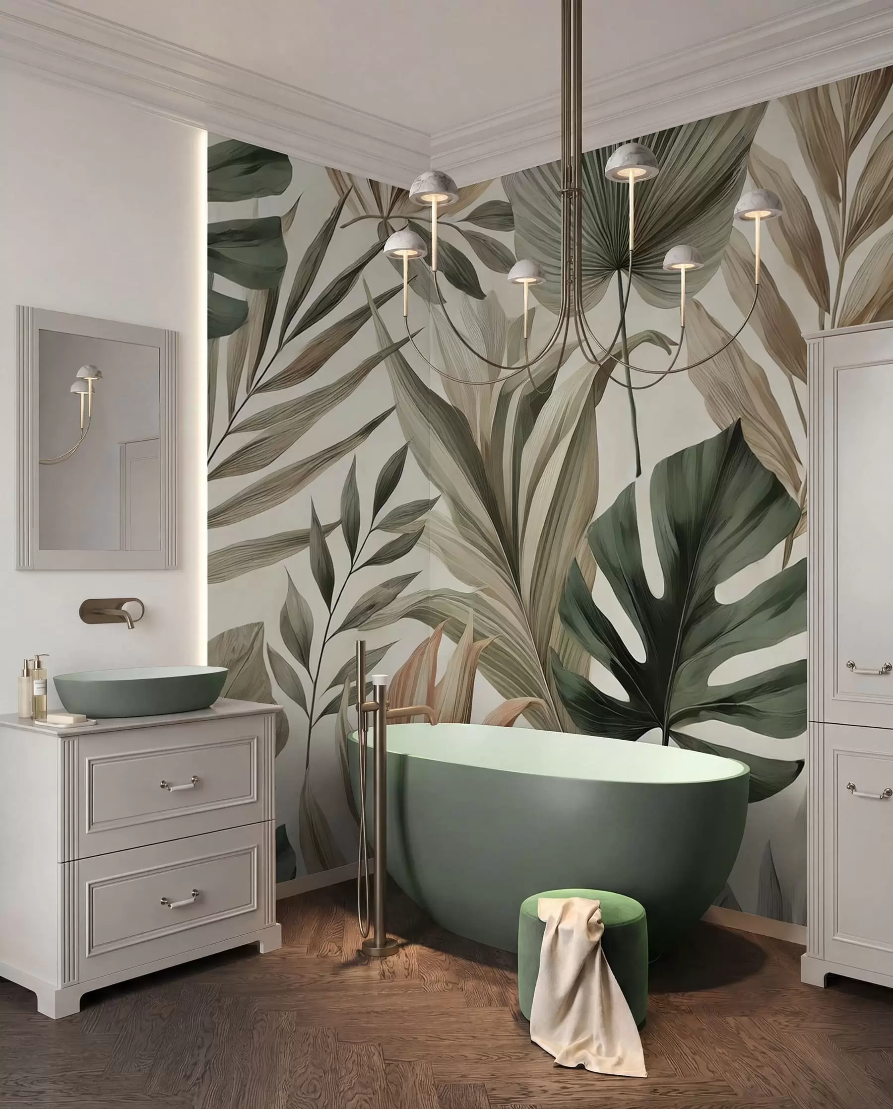 wall murals Large tropical leaves in restrained delicate pastel shades w02082