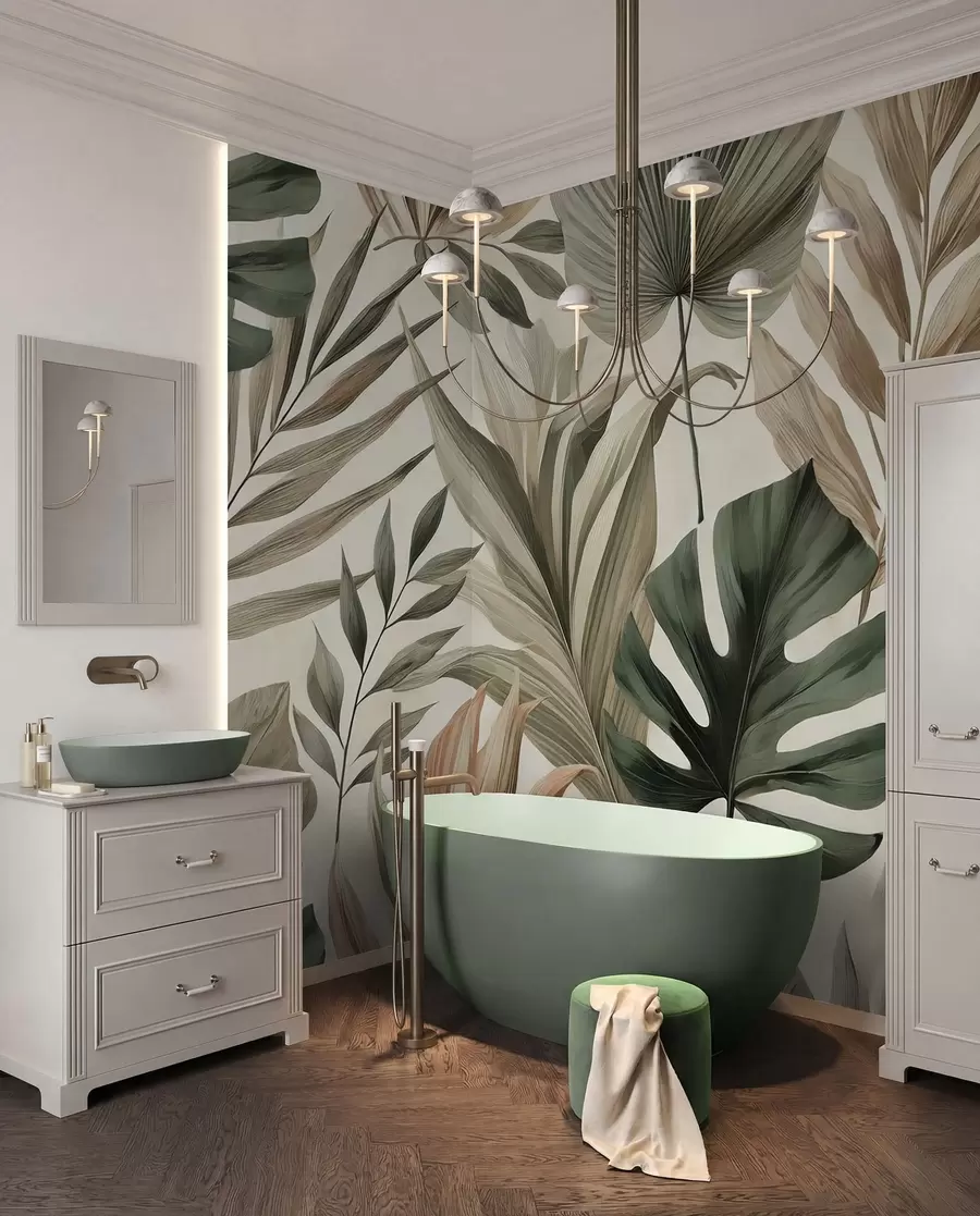 wall murals Large tropical leaves in restrained delicate pastel shades w02082