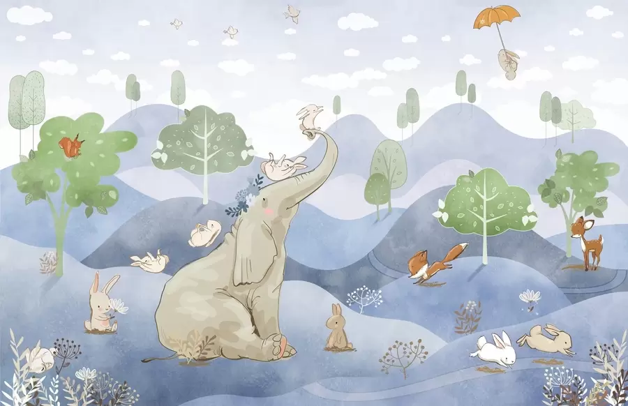 wall murals Elephant and friends in a forest u98695v1