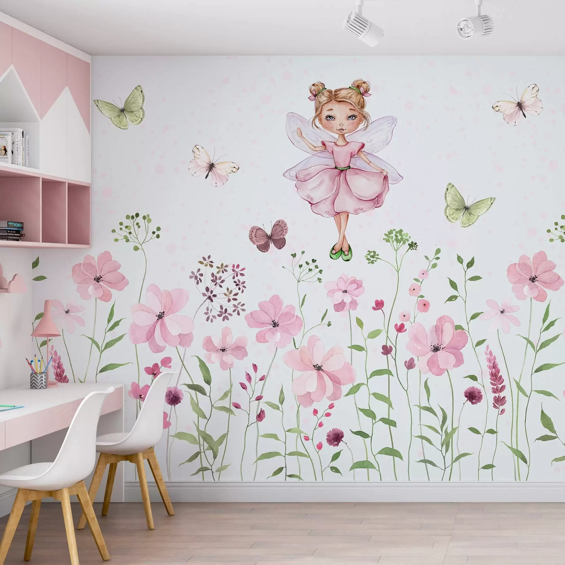 peintures murales Une fée parmi les fleurs et les papillons w01460