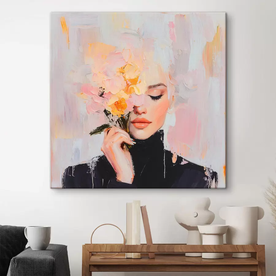 wall murals Abstract woman with a bouquet of flowers in her hands with brush strokes s41355