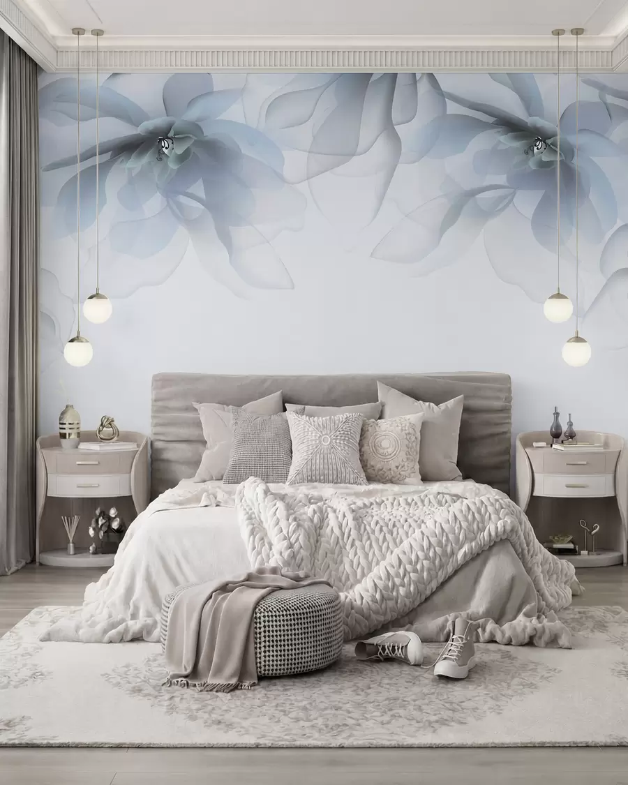 wall murals blue translucent large flowers on top w02093v2