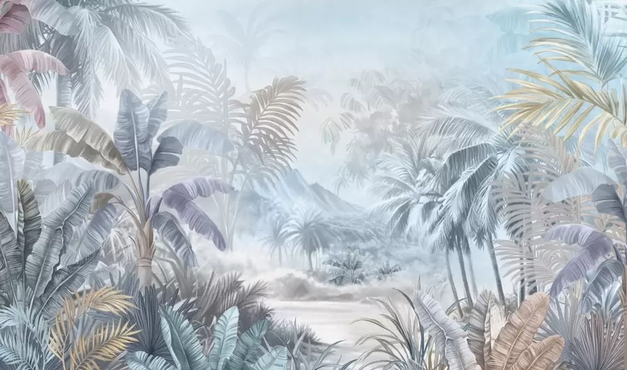 Wall Mural Photo Wallpaper Tropical forest in soft blue tones w01931