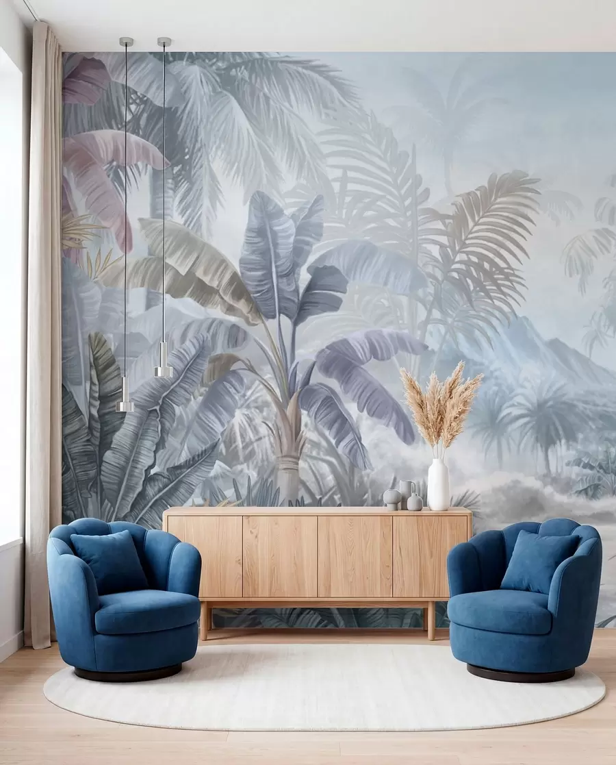 wall murals Tropical forest in soft blue tones w01931
