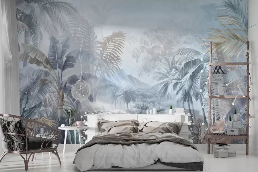 Wall Mural Photo Wallpaper Tropical forest in soft blue tones w01931
