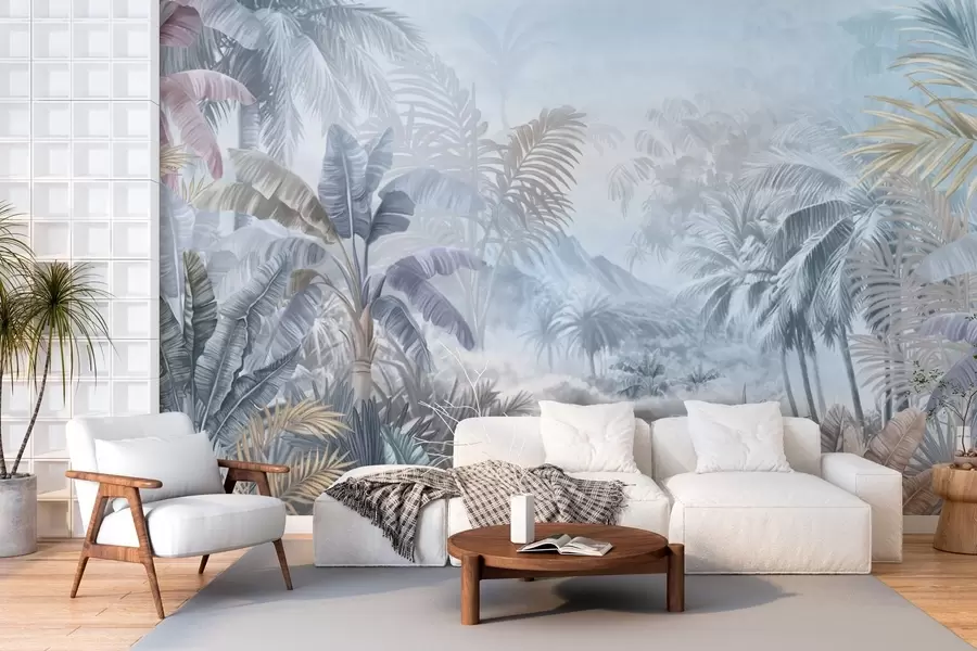 Wall Mural Photo Wallpaper Tropical forest in soft blue tones w01931