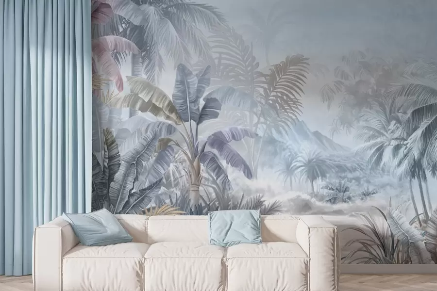 murales Selva tropical en suaves tonos azules w01931