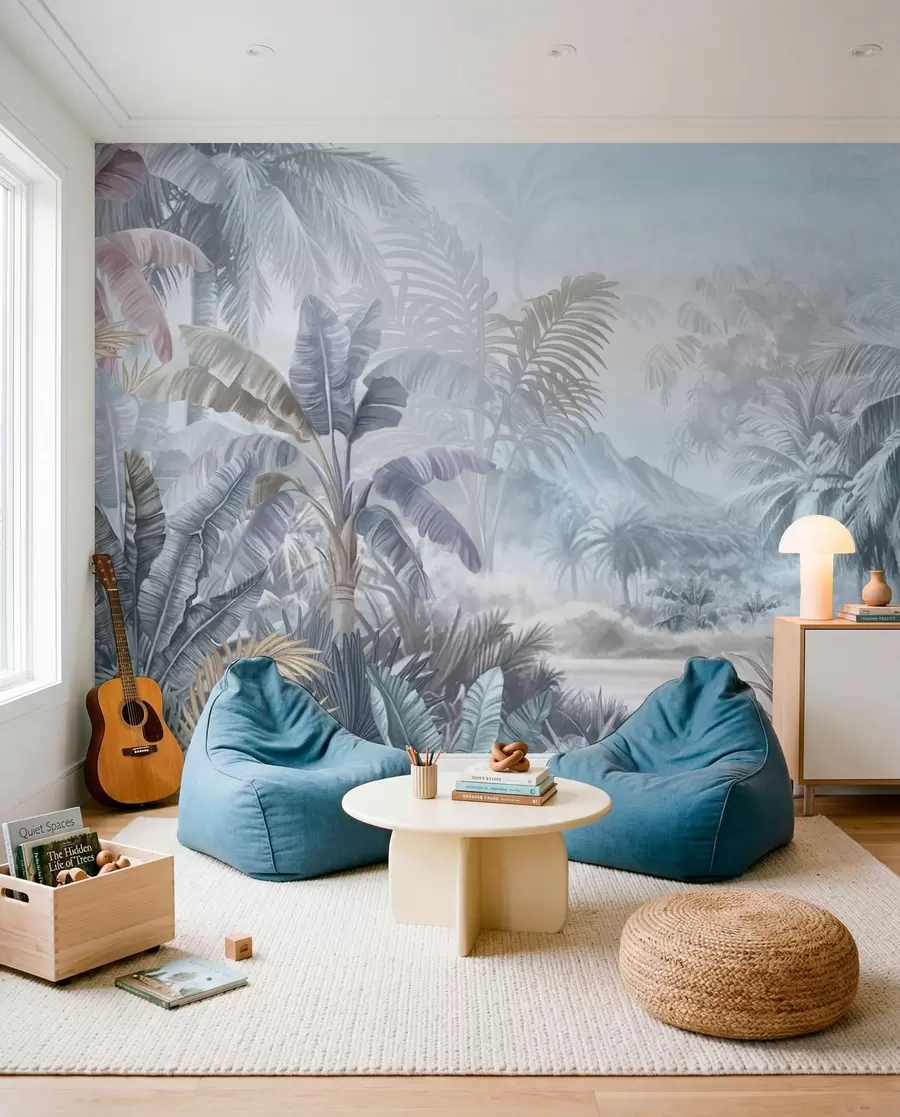 peintures murales Forêt tropicale dans des tons bleus doux w01931
