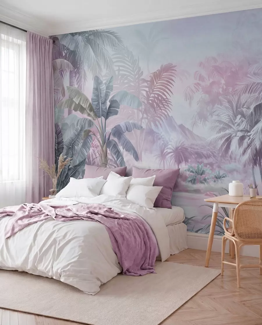 wall murals Rainforest in soft blue and pink tones w01931v2