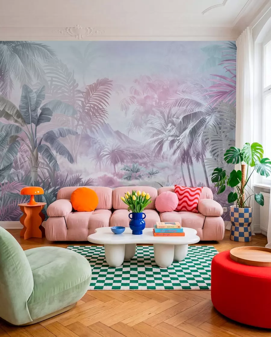 wall murals Rainforest in soft blue and pink tones w01931v2
