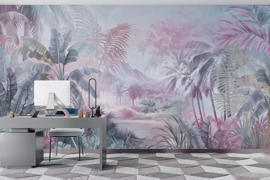 murales Selva tropical en suaves tonos azules y rosas w01931v2