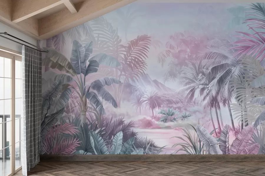 wall murals Rainforest in soft blue and pink tones w01931v2
